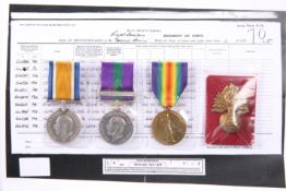 A WWI MEDAL TRIO AND CAP BADGE, A.E. Stoner R. FUS., War medal 79293, Victory medal 79293, General