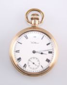 A WALTHAM GOLD-PLATED OPEN-FACE POCKET WATCH, white enamel dial with Roma numerals and subsidiary