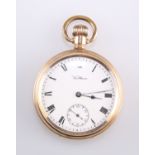 A WALTHAM GOLD-PLATED OPEN-FACE POCKET WATCH, white enamel dial with Roma numerals and subsidiary