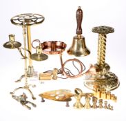A GROUP OF METALWORK, including a Dutch repousse candlestick; copper chamberstick; copper horn;
