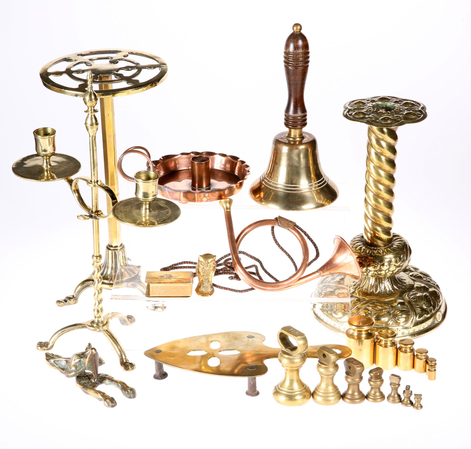 A GROUP OF METALWORK, including a Dutch repousse candlestick; copper chamberstick; copper horn;