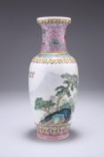 A CHINESE REPUBLICAN STYLE FAMILLE ROSE VASE, of shouldered ovoid form with trumpet neck, painted