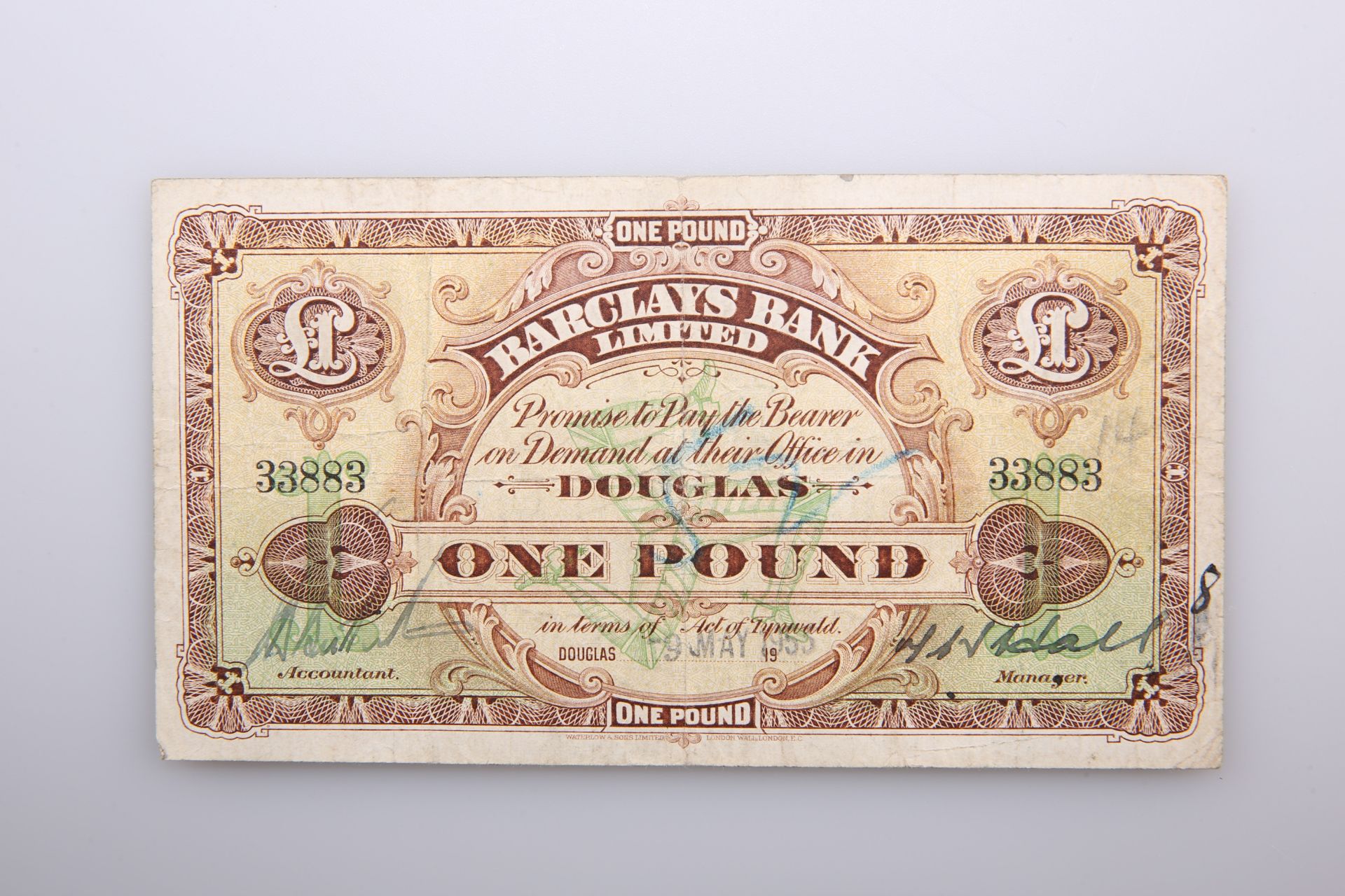 A VERY RARE ISLE OF MAN BANK NOTE, Barclays Bank Limited, 9 May 1953, no. 33883 (QUARMBY 388; PICK