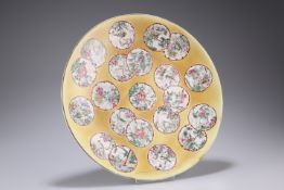 A CHINESE 'MEDALLIONS' DISH, circular, painted with scattered medallions filled with birds, prunus