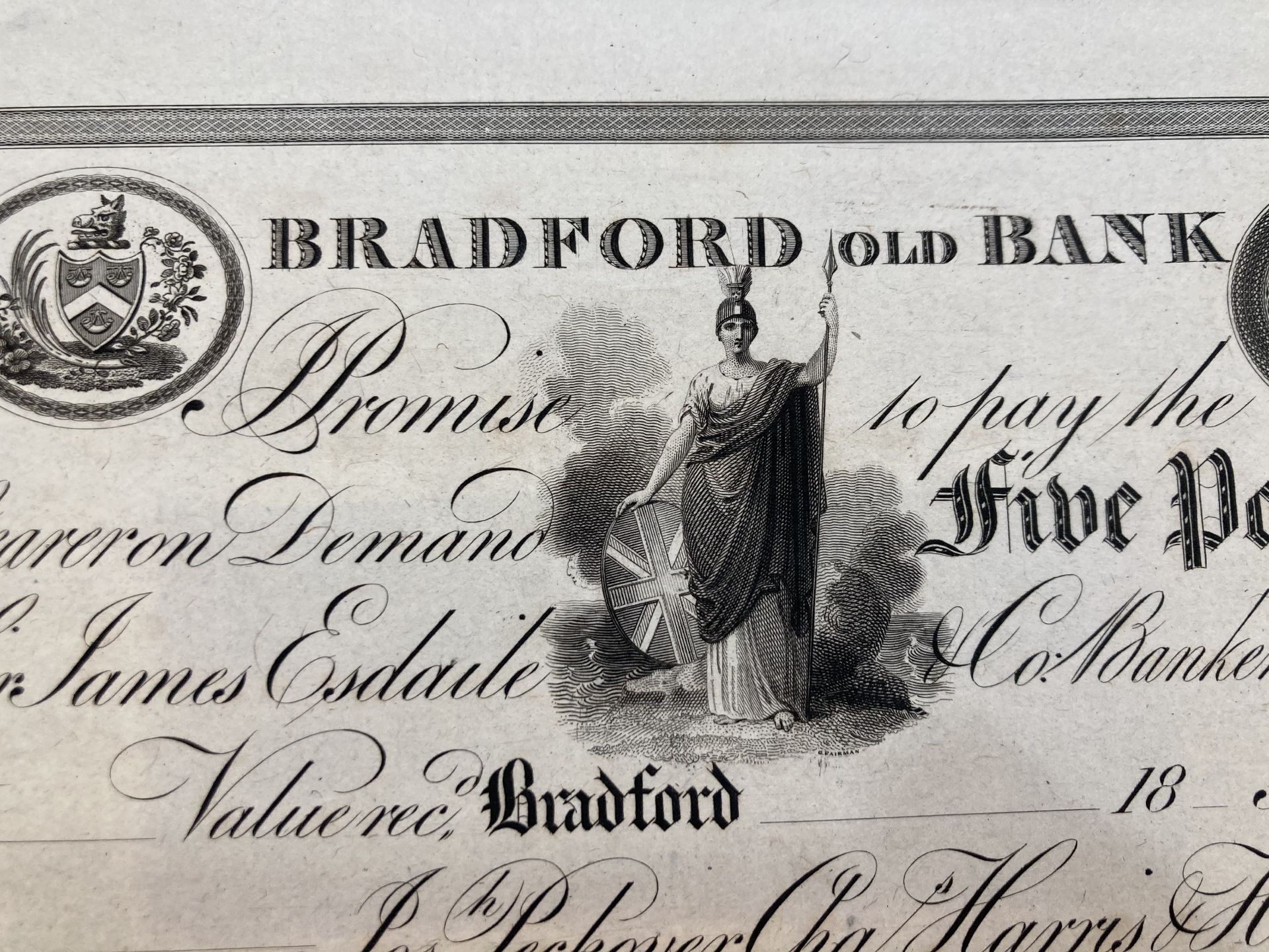 A VERY RARE 19TH CENTURY PROOF BANK NOTE, Bradford Old Bank, Five Pounds, 18-, proof mounted on - Bild 4 aus 9