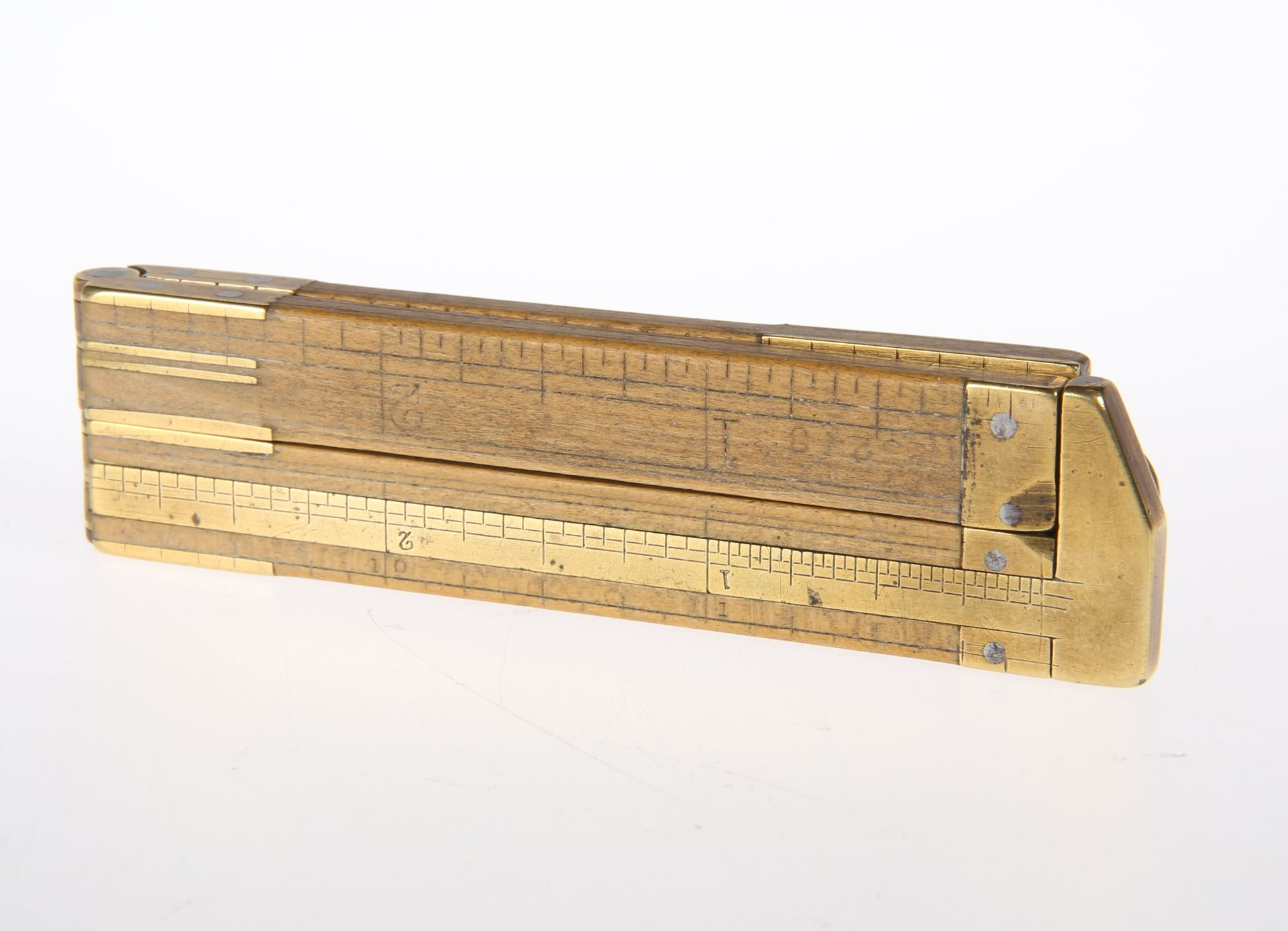 A BRASS-MOUNTED TWELVE INCH FOLDING FOUR-SECTION RULE WITH GAUGE, by E. Prestons & Sons, - Image 2 of 2