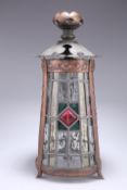 AN ARTS AND CRAFTS COPPER LANTERN, tapering cylindrical form, the three lead-glazed panels centred