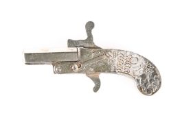 A NOVELTY MINIATURE SINGLE-SHOT RIMFIRE PISTOL, engraved with animals on the grip.