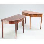 ~ TWO GEORGE III MAHOGANY DEMILUNE SIDE TABLES, the first with satinwood banded edge and square-