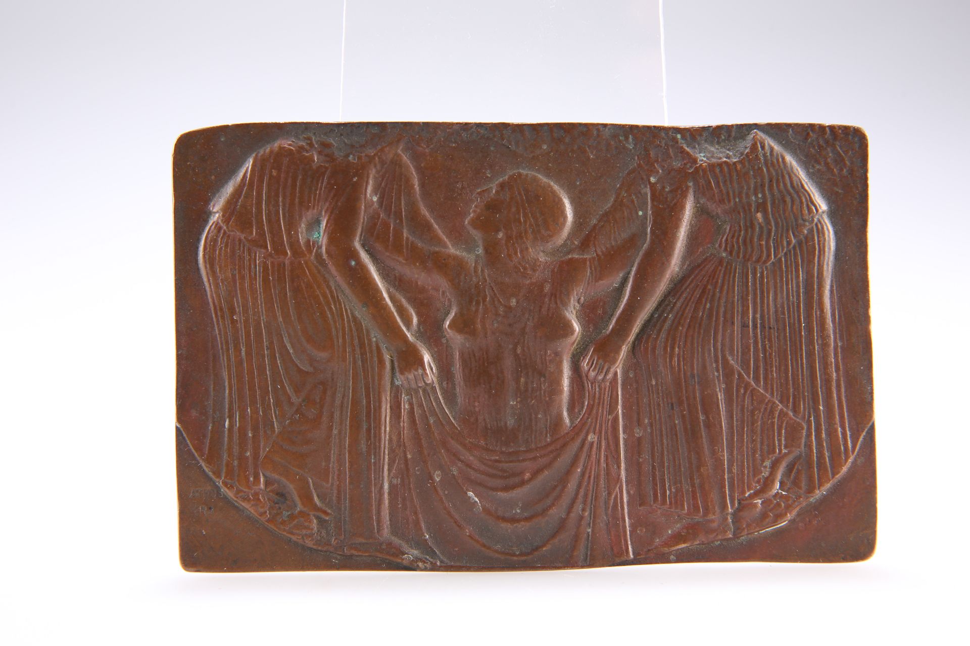 AN EARLY 20TH CENTURY BRONZE PLAQUE, rectangular, cast in low relied with attendants wrapping a gown