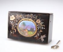 A 19TH CENTURY TORTOISESHELL AND PIQUE WORK SINGING BIRD AUTOMATA MUSIC BOX, of rectangular form,