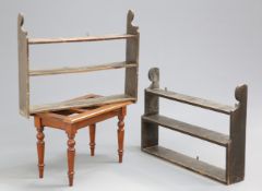 TWO SETS OF COUNTRY HOUSE HANGING SHELVES, together with a Victorian beech luggage stand (3). Widest
