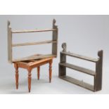 TWO SETS OF COUNTRY HOUSE HANGING SHELVES, together with a Victorian beech luggage stand (3). Widest