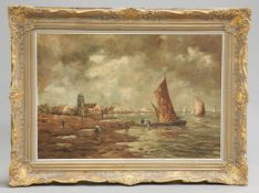 FLEMISH SCHOOL, FISHERMEN AND BOATS ON THE SHORE, bears signature and date '89 lower right, oil on
