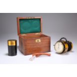 A 19TH CENTURY LACQUERED BRASS PORTABLE MEDICAL SPIROMETER, with 5.5cm silvered register, in a