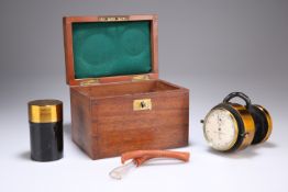 A 19TH CENTURY LACQUERED BRASS PORTABLE MEDICAL SPIROMETER, with 5.5cm silvered register, in a
