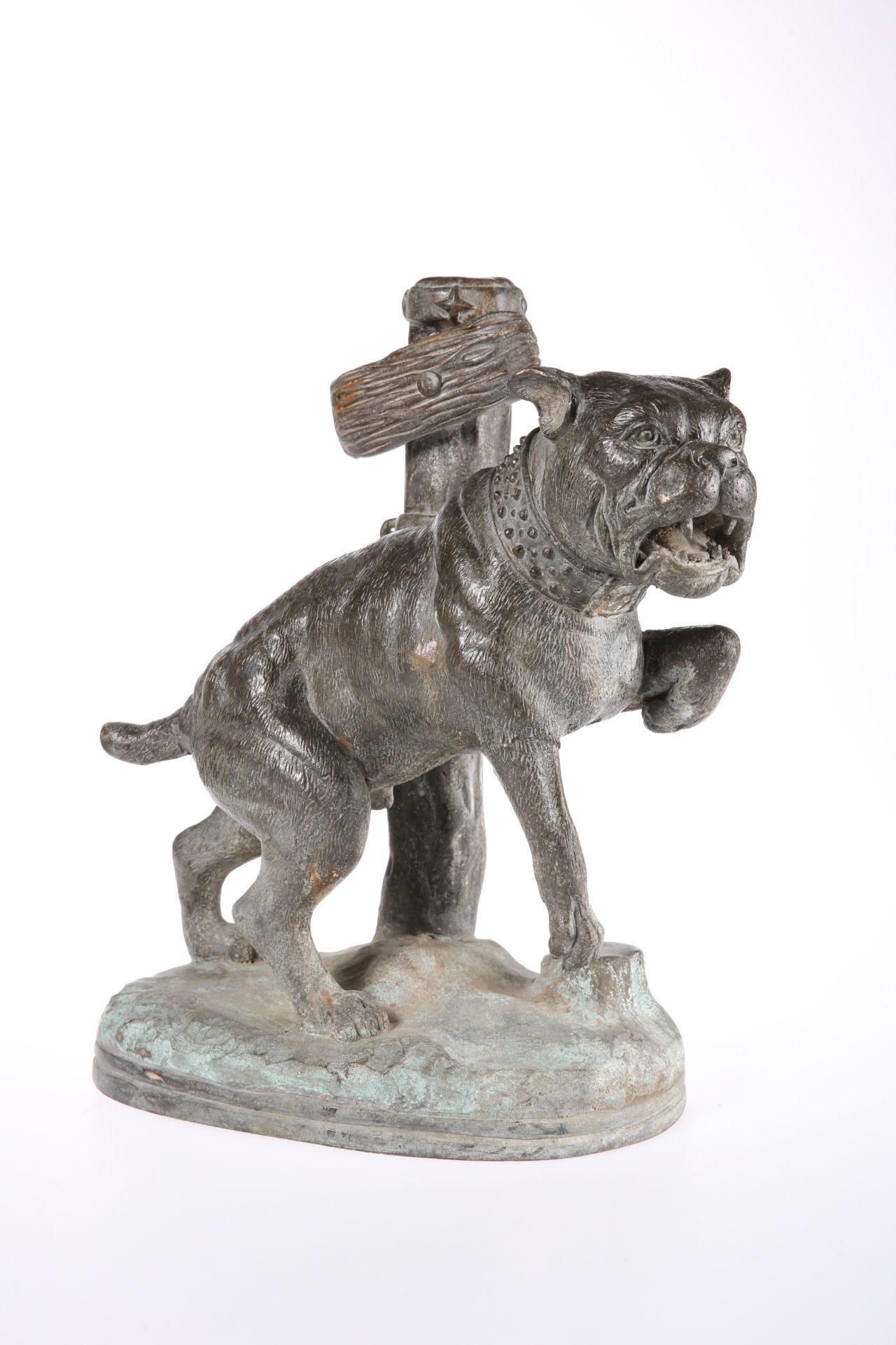 A FRENCH BRONZE OF A BULL MASTIFF DOG TIED TO A POST, 19TH CENTURY, standing on a naturalistic base.