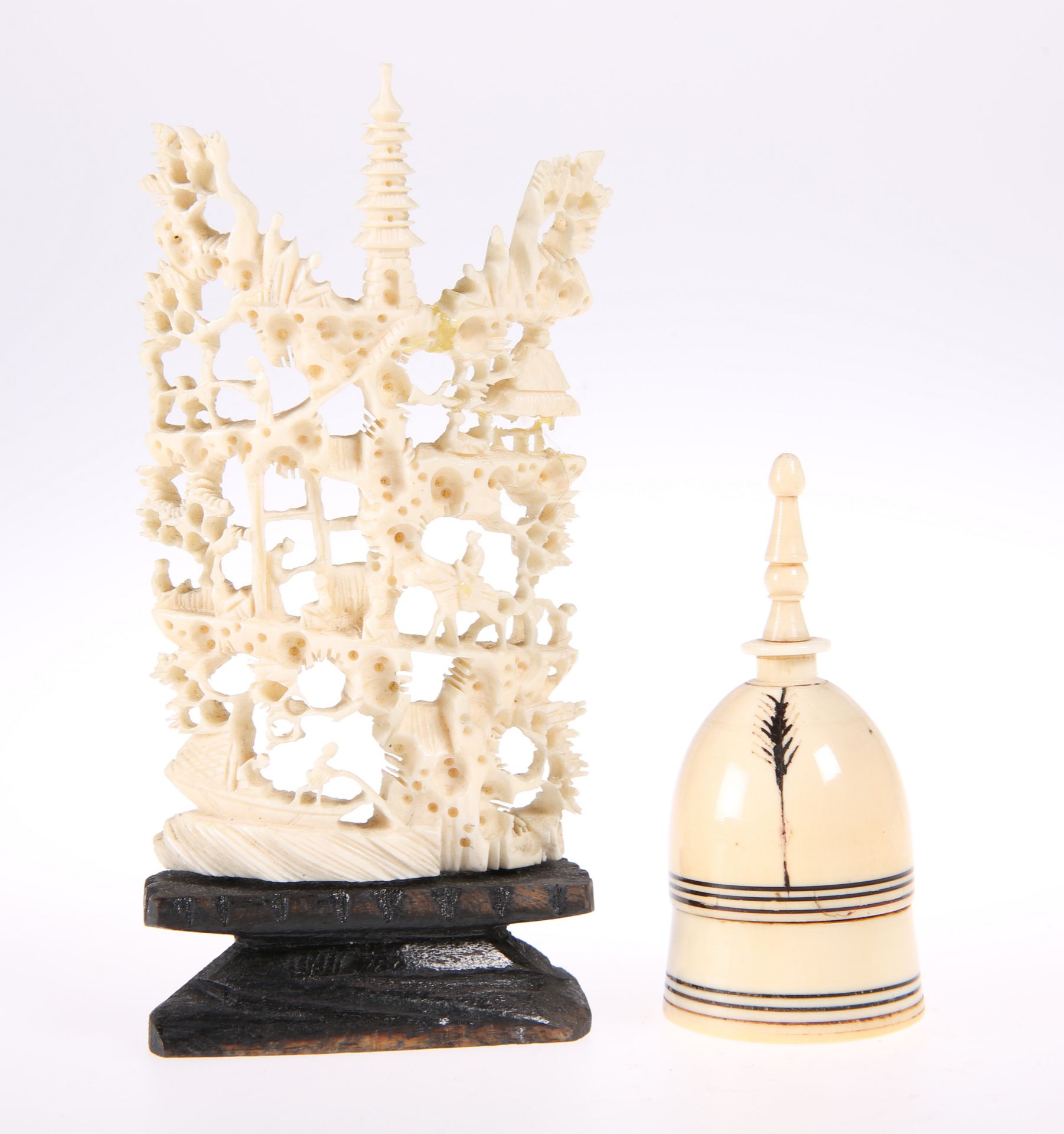 A 19TH CENTURY IVORY SCENT BOTTLE, domed with screw-off cover, decorated with ferns; together with A