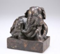 A CHINESE BRONZE SEAL, in the form of an elephant, with traces of gilt, on rectangular plinth with