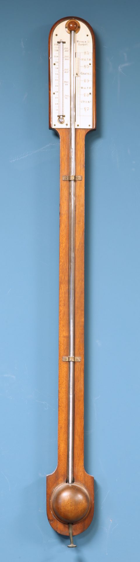 A LATE 19TH CENTURY MAHOGANY STICK BAROMETER, signed Marks & Co, Cardiff, ivory dial with