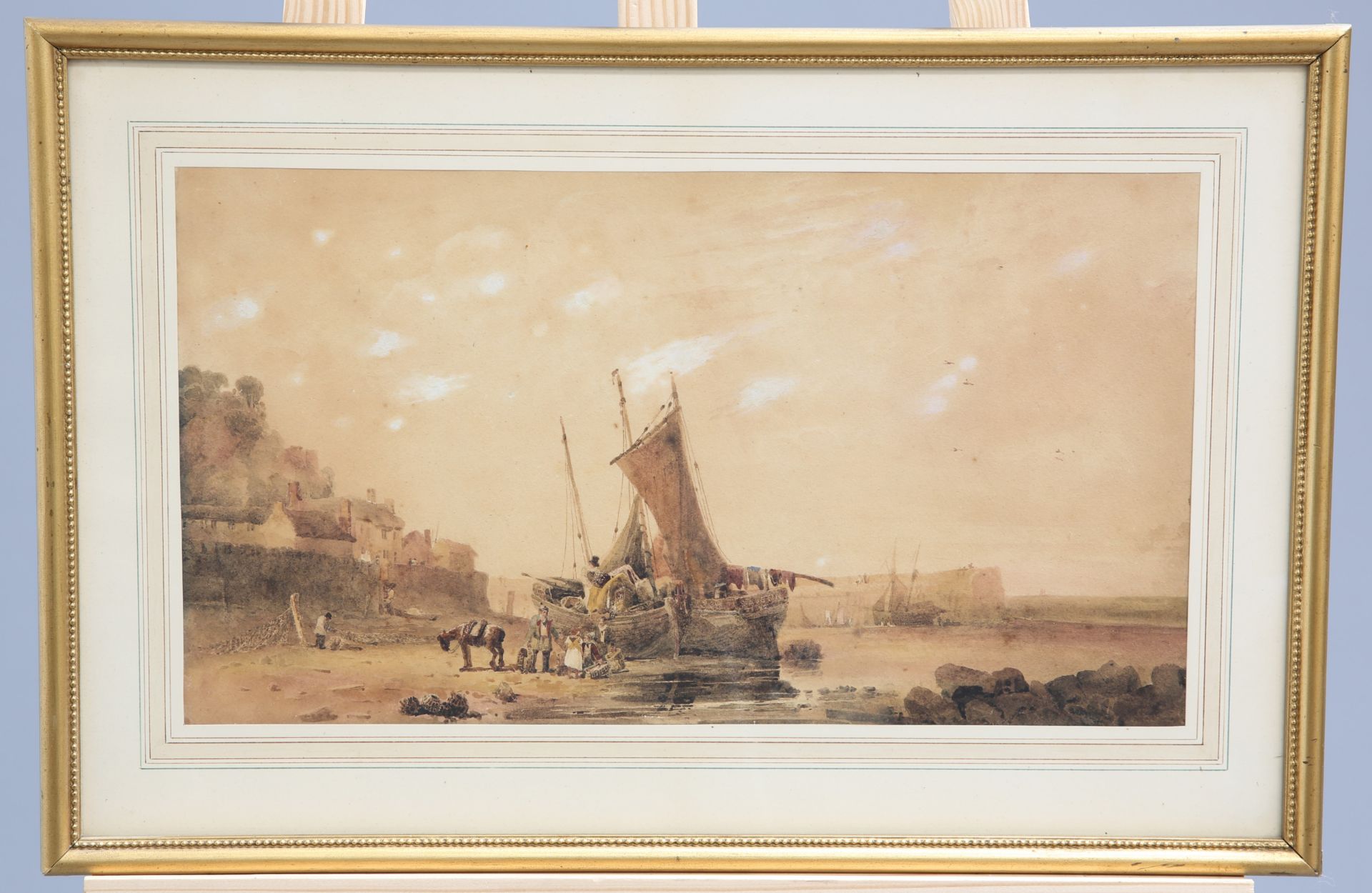ENGLISH SCHOOL (19TH CENTURY), UNLOADING THE CATCH, watercolour, framed. 25cm by 45.5cmThe absence - Image 2 of 2