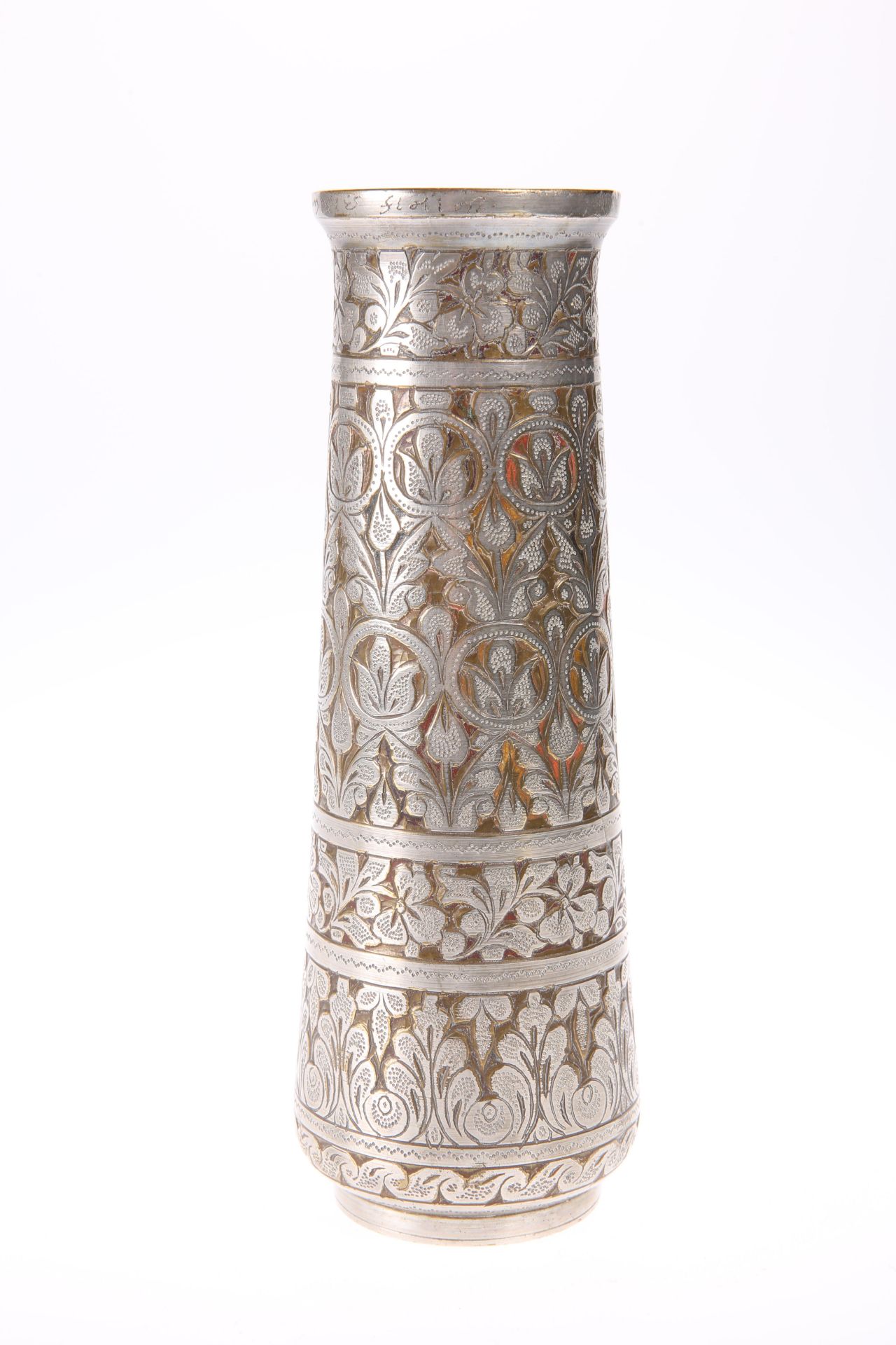 AN INDIAN SILVERED BRASS VASE, EARLY 20TH CENTURY, of tapering cylindrical form. 22cm