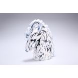 A MURANO BIANCO BLU GLASS MODEL OF A HORSE'S HEAD, by Archimede Seguso, label to base. 14cm high