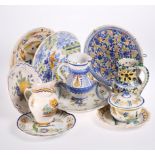 A GROUP OF CONTINENTAL TIN-GLAZED EARTHENWARE, including puzzle jug, two-handled covered dish,
