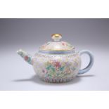 A CHINESE FAMILLE ROSE TEAPOT, of squat form, densely enamel painted with foliage, bears