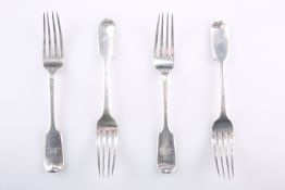 A SET OF FOUR VICTORIAN SILVER DESSERT FORKS, by Joseph Mayer, Exeter 1857, Fiddle pattern, each