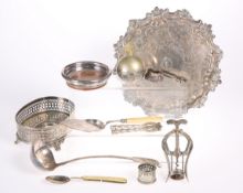 ~ A COLLECTION OF SILVER-PLATE, including Heeley & Sons Double Lever corkscrew, salver, three trays,