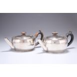 ^ A PAIR OF VICTORIAN SILVER BACHELOR'S TEAPOTS, by Stephen Smith, London 1885, squat circular form,