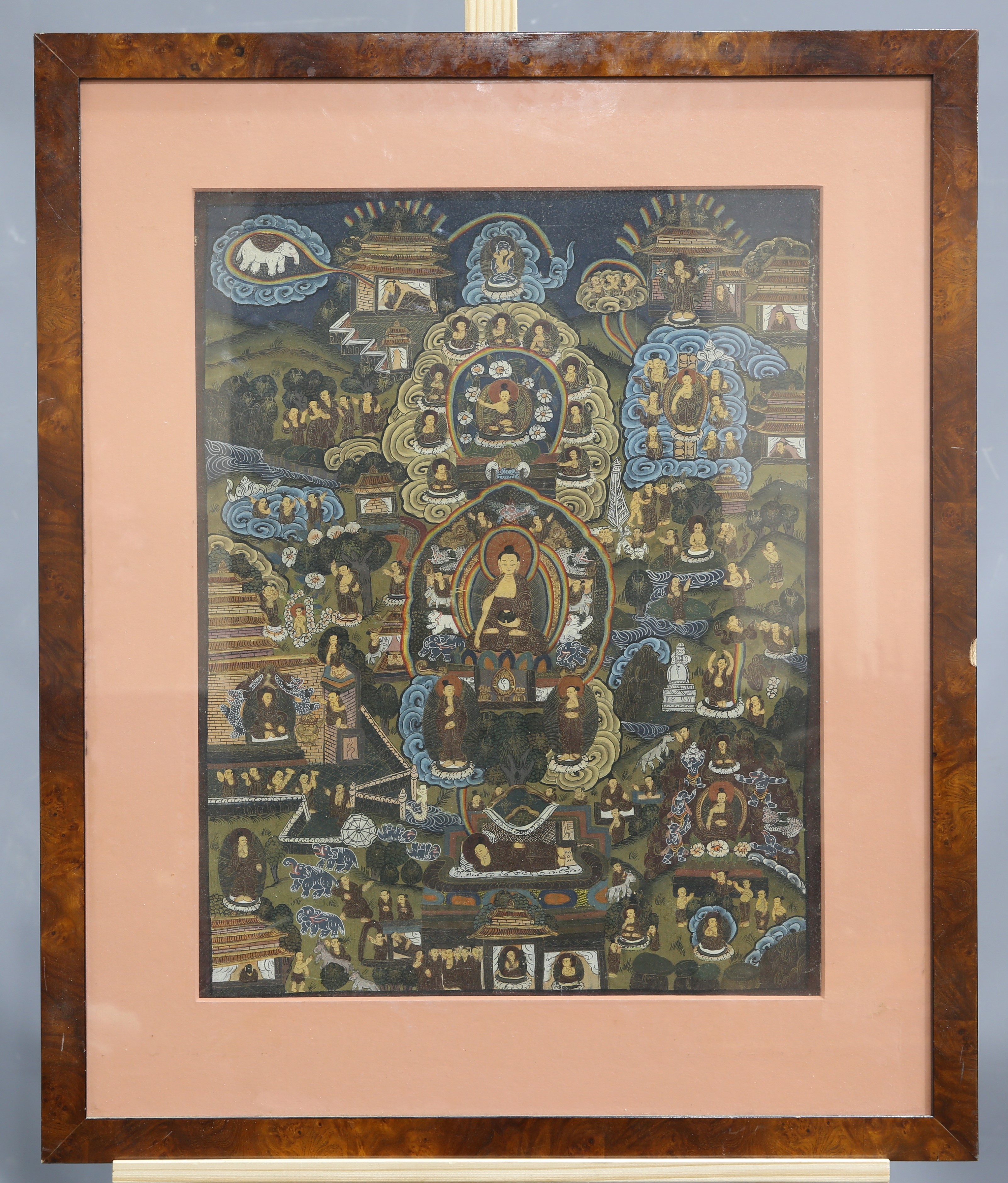 MUGHAL SCHOOL, A LARGE GOUACHE PAINTING, in a burr wood frame. 54cm by 42cm