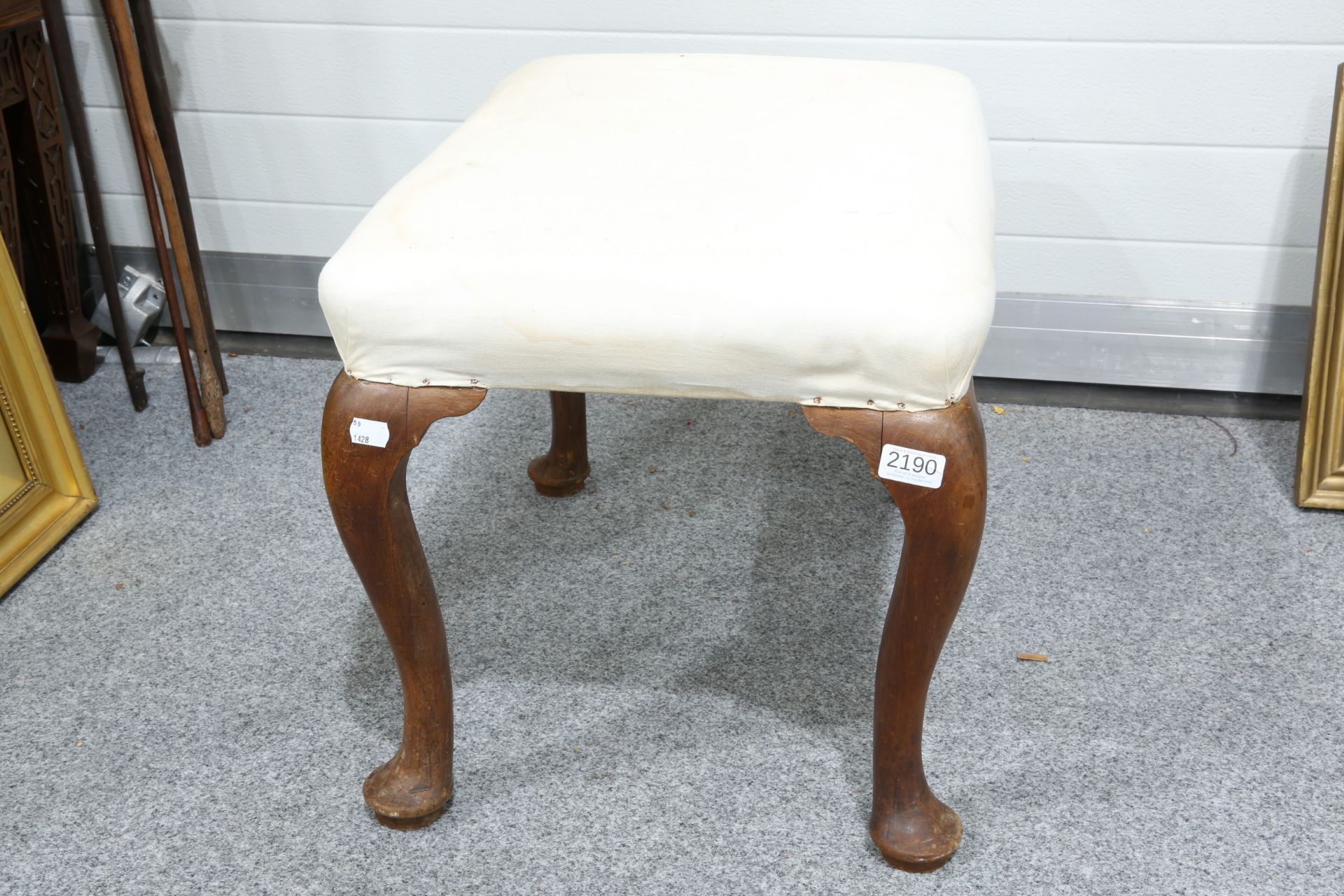 ~ TWO 18TH CENTURY WALNUT STOOLS, each with rectangular stuffed over seat and cabriole legs. Each - Bild 11 aus 13