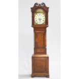 A 19TH CENTURY INLAID MAHOGANY AND OAK EIGHT DAY LONGCASE CLOCK, the 12 1/2-inch break-arch