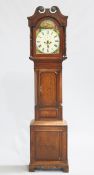 A 19TH CENTURY INLAID MAHOGANY AND OAK EIGHT DAY LONGCASE CLOCK, the 12 1/2-inch break-arch