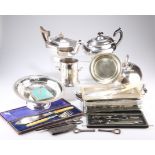 A LARGE COLLECTION OF SILVER-PLATE, including teapots, dish cover, etc.