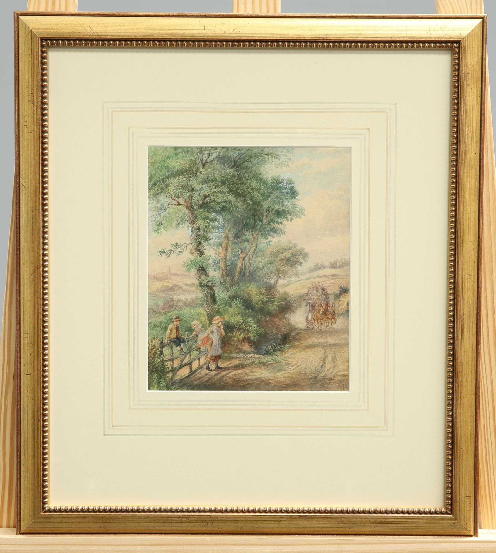 MANNER OF MYLES BIRKET FOSTER (1825-1899), CHILDREN WAITING FOR THE STAGECOACH, watercolour, framed.