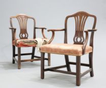 ~ A PAIR OF GEORGE III MAHOGANY OPEN ARMCHAIRS, each with pierced splat, raised on chamfered