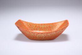 A CHINESE BOAT-SHAPED BOWL, the iron-red ground gilded with lotus flowers, butterflies and scrolling