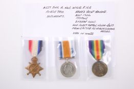 A WWI MEDAL TRIO, Asst. Eng. A. Mc C Wylie R.N.R., sold with a copy of documents.