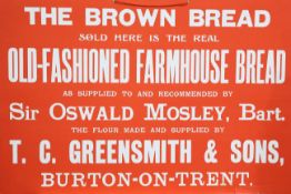 ADVERTISING INTEREST: A BROWN BREAD SIGN WITH RECOMMENDATION BY SIR OSWALD MOSLEY. 74.5cm by 49.5cm