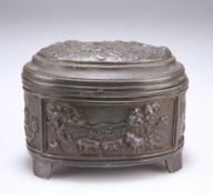 A METAL BOX AND INNER SHEATH, 19TH CENTURY, cast with a hunting scene depicting horses and hounds.