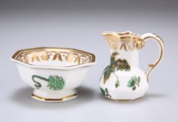 A SPODE MINIATURE JUG AND BOWL, each of octagonal form, green painted and gilded in the Chinese