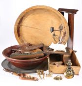 A GROUP OF COUNTRY TREEN AND METALWORK, including large sycamore dairy bowl; cutlery tray; rushnip
