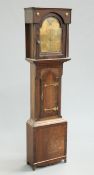 A 19TH CENTURY OAK AND MAHOGANY LONGCASE CLOCK CASE, housing a break-arch brass dial, the point-arch