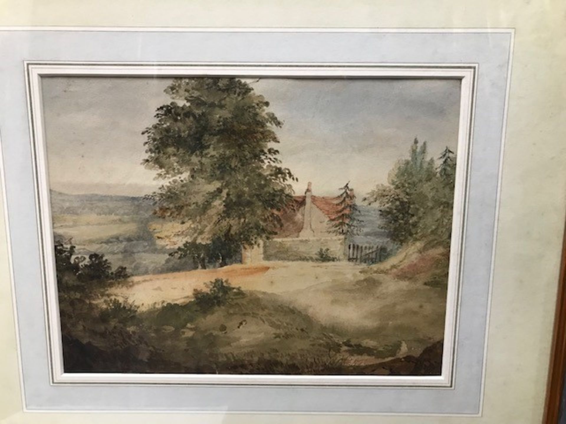 ~ ENGLISH SCHOOL, COTTAGE IN A LANDSCAPE, watercolour, framed, 20cm by 26.5cm; together with A VERRE - Bild 2 aus 2