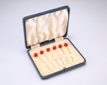 A SET OF SIX ART DECO STERLING SILVER 'CHERRY' COCKTAIL STICKS, stamped 'STERLING SILVER', cased.