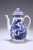 A WORCESTER COFFEE POT, CIRCA 1775-90, pear-shaped, blue printed with the Fisherman and Cormorant