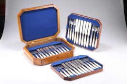 A VICTORIAN CASED SET OF DESSERT KNIVES AND FORKS, for eighteen settings, with mother of pearl